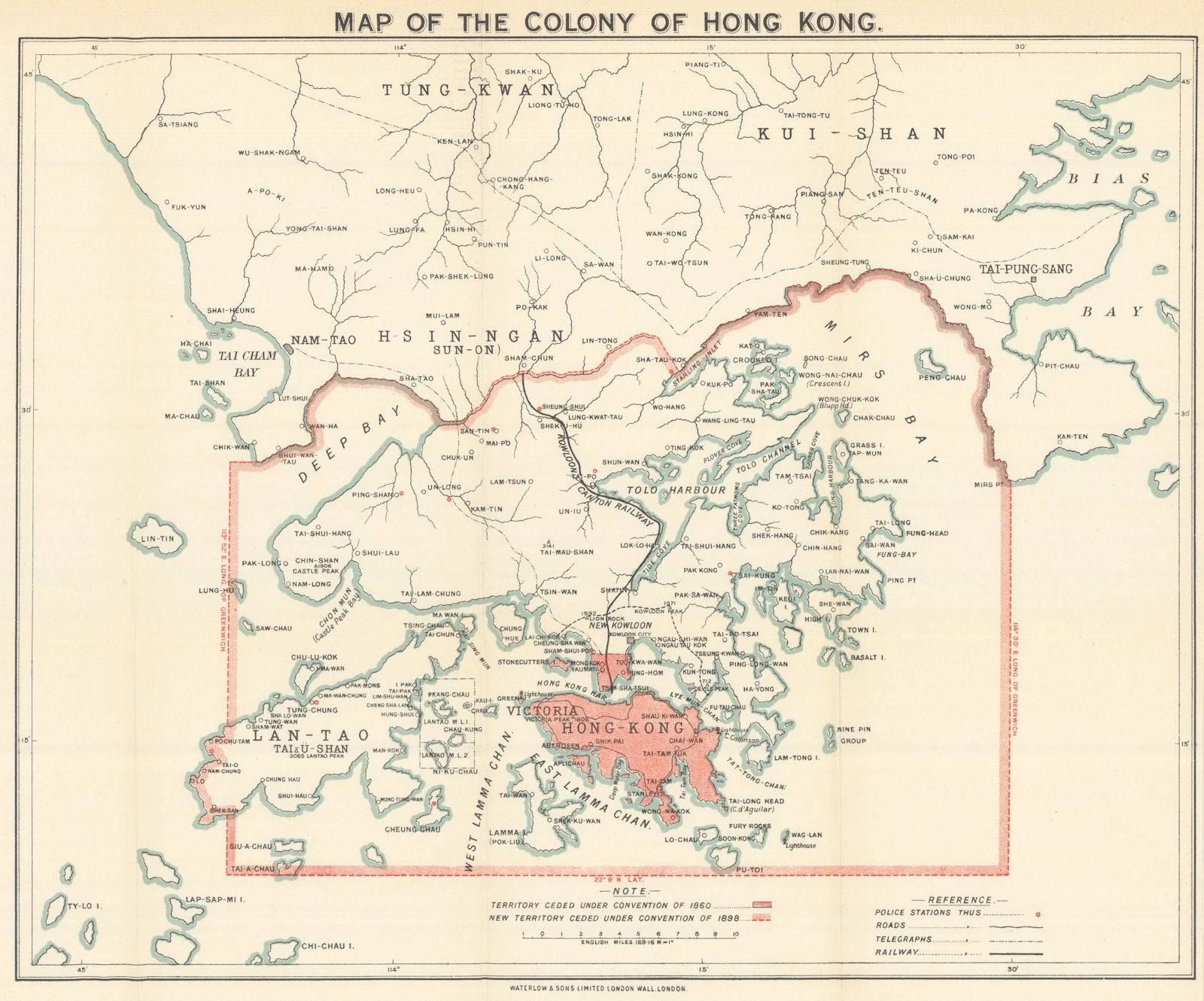 Map of the Colony of Hong Kong. Territories ceded 1860 & 1898. Waterlow 1919